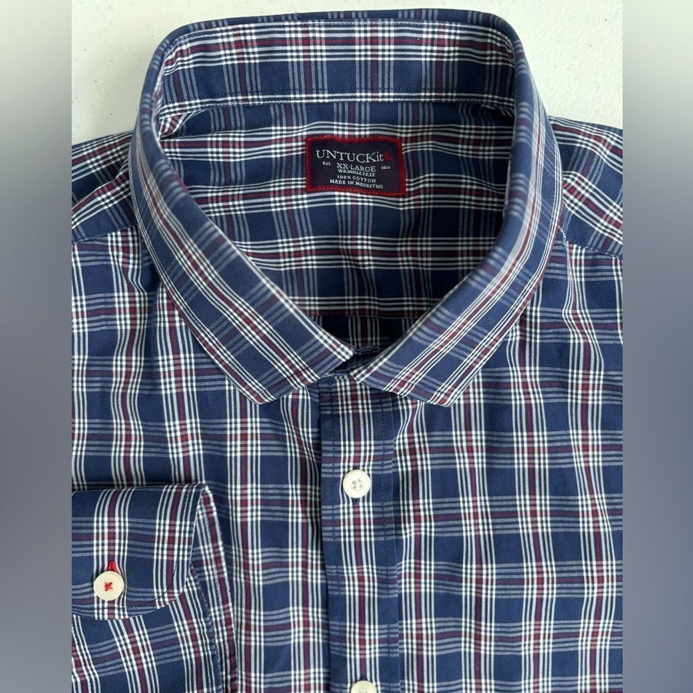 UNTUCKit Men's XXL Wrinklefree Blue Red White 100% Cotton Long Sleeve Button Up